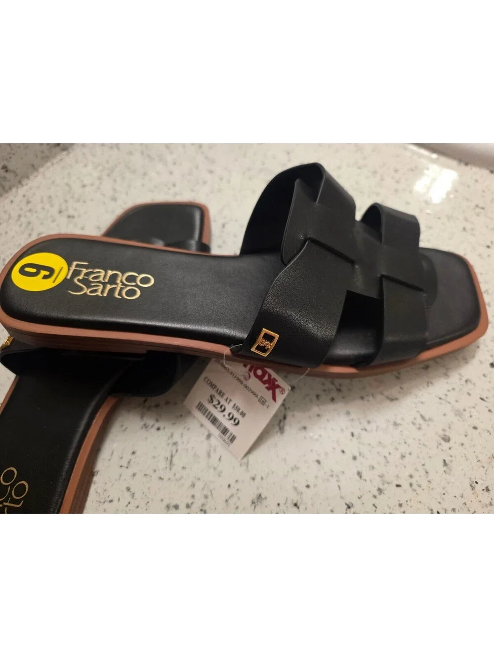 Franco Sarto Black and Brown Trim Woven Slide Sandals
